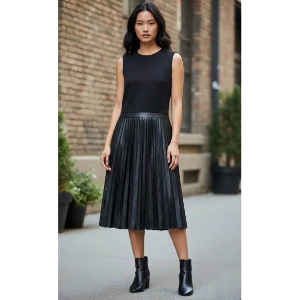 NEW Marc New York Black Faux Leather Pleated Sleeveless Midi Dress XL Goth Punk